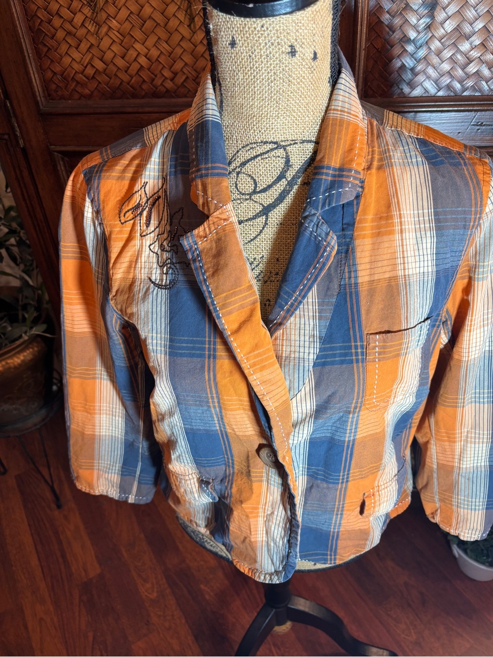 GAP Orange and Blue Plaid Cropped Blazer
